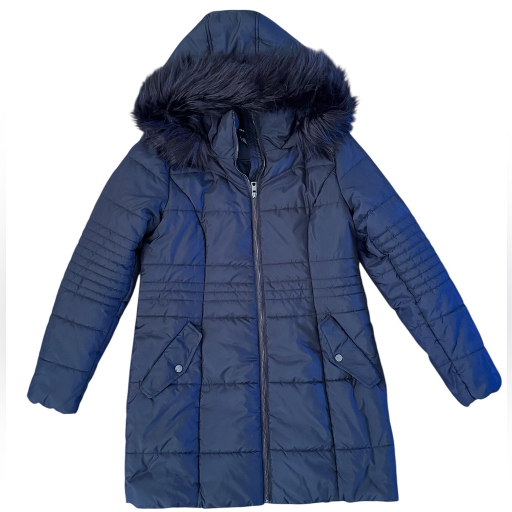 Vero Moda Puffer Faux Trim Hood Navy Blue Jacket